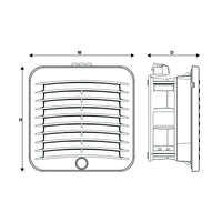 Technical drawing of a square vent with dimensions labeled on a white background.