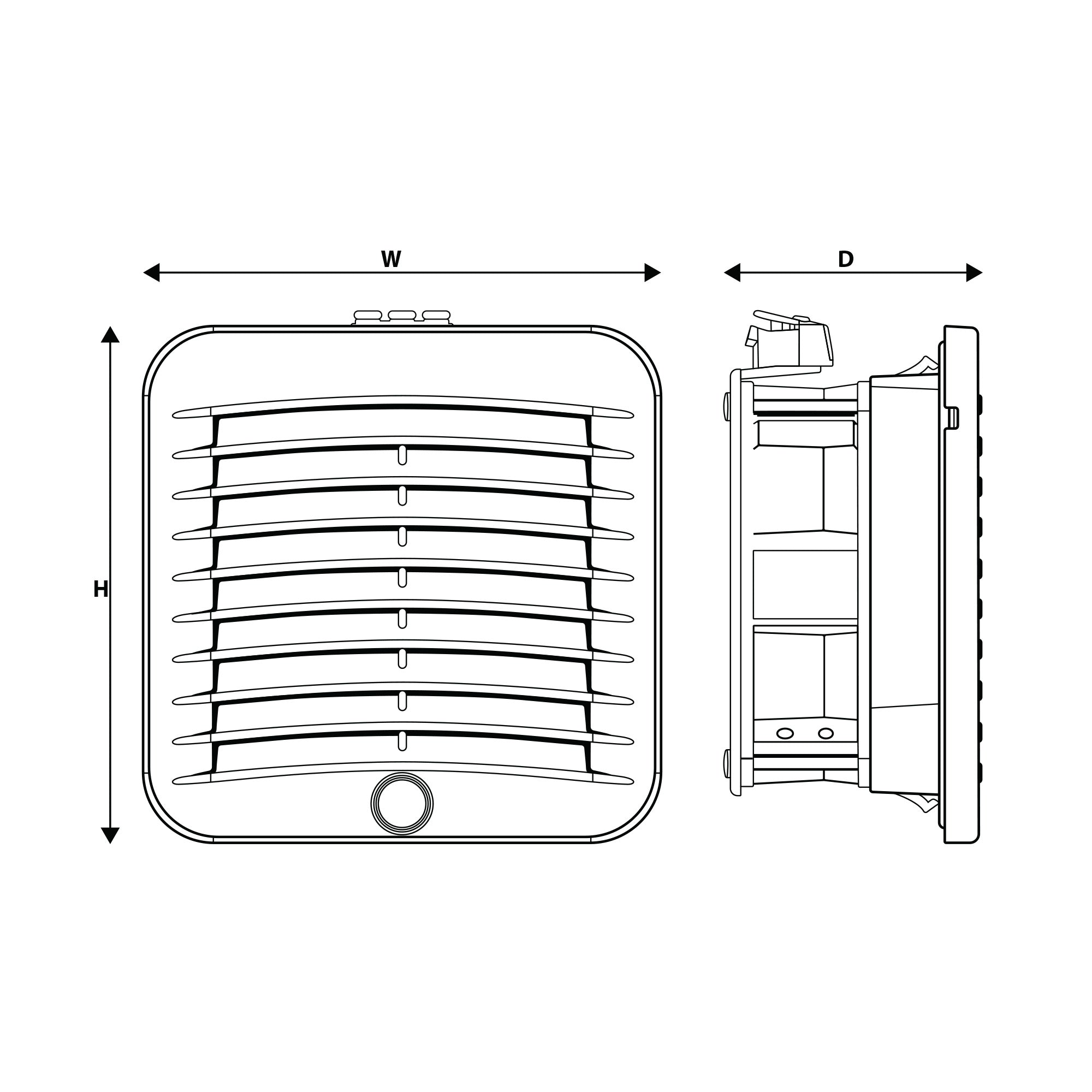 Technical drawing of a square vent with dimensions labeled on a white background.