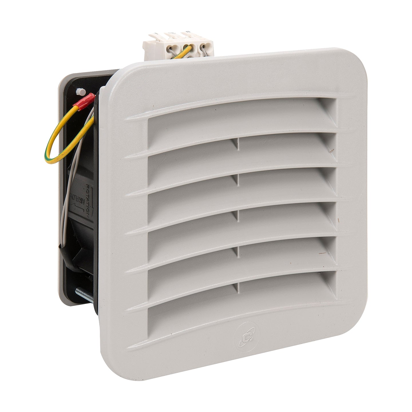 White vent with electrical components on a white background.