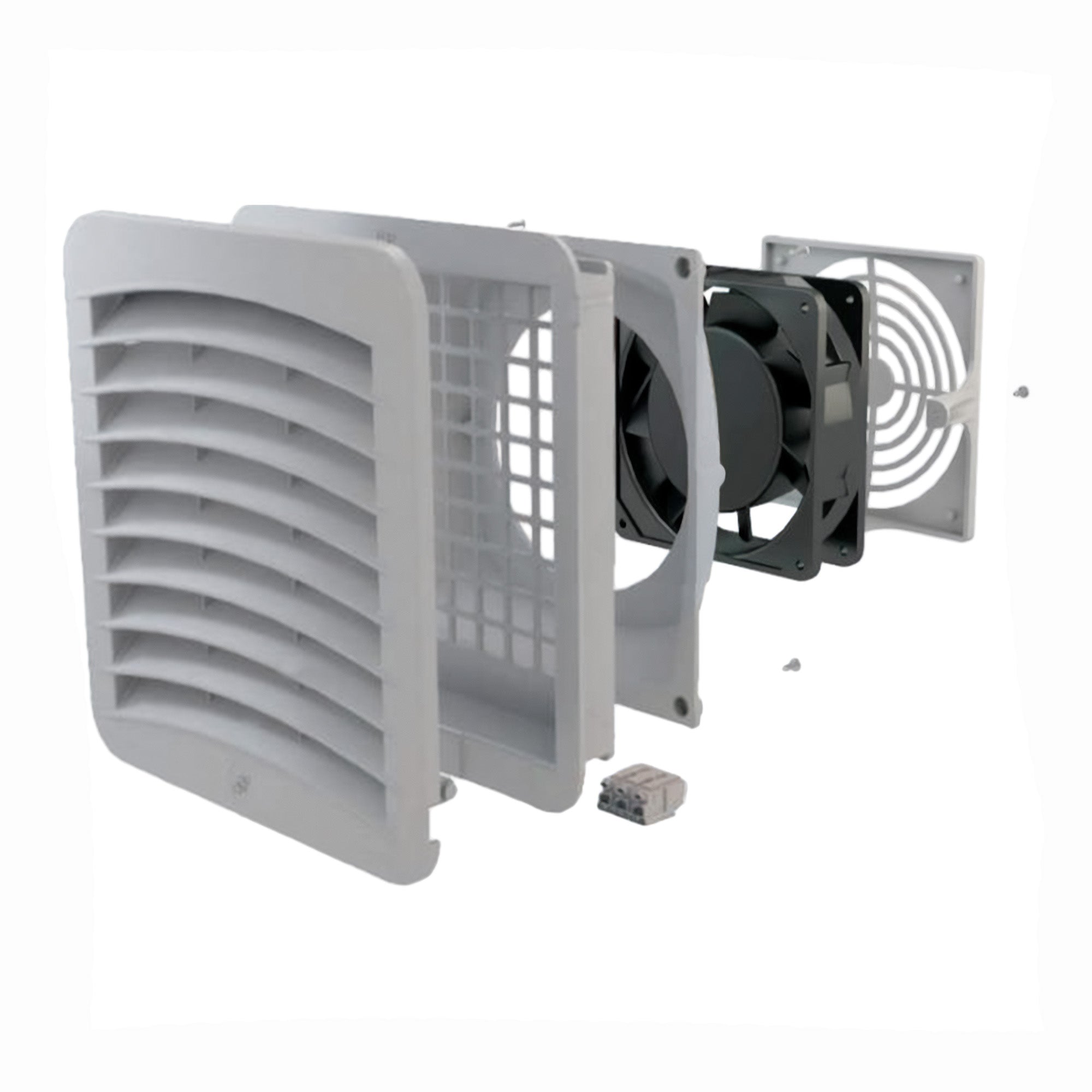 Ventilation system components including a fan and grille on a white background.