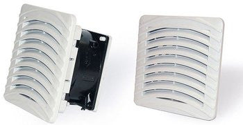 Two white rectangular air vents with a black switch on a white background.