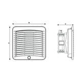 Black on white technical drawing of a rectangular vent with dimensions labeled on a white background