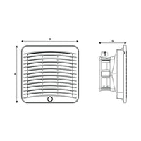 Black on white technical drawing of a rectangular vent with dimensions labeled on a white background