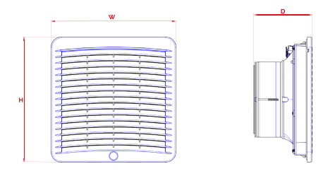 Technical drawing of a rectangular vent with dimensions labeled W, D, and H.
