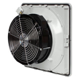 Industrial fan with black blades and white casing on a white background.