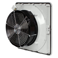 Industrial fan with black blades and white casing on a white background.
