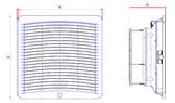 Technical drawing of a rectangular air vent with dimensions labeled