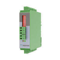 Green electronic converter/splitter module moTrona logo on a white background