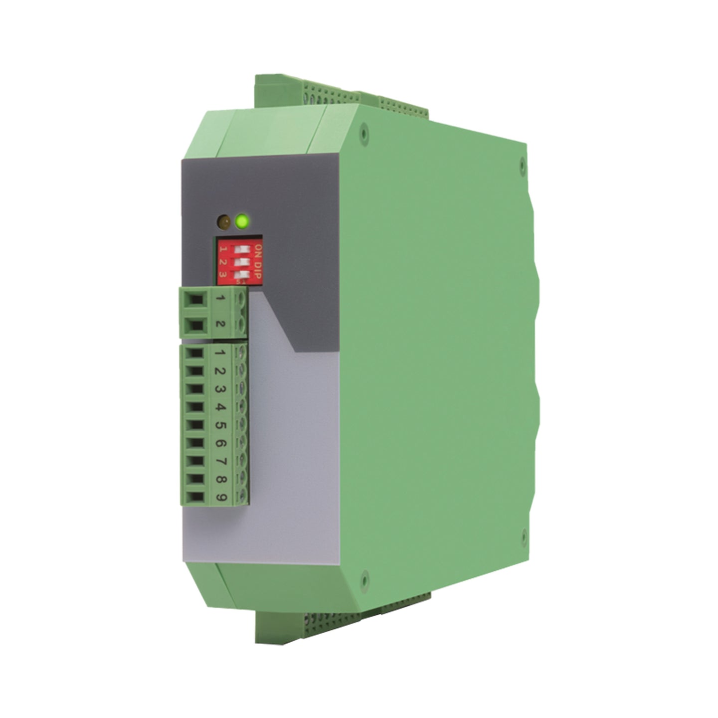 Green and gray electronic module on a white background