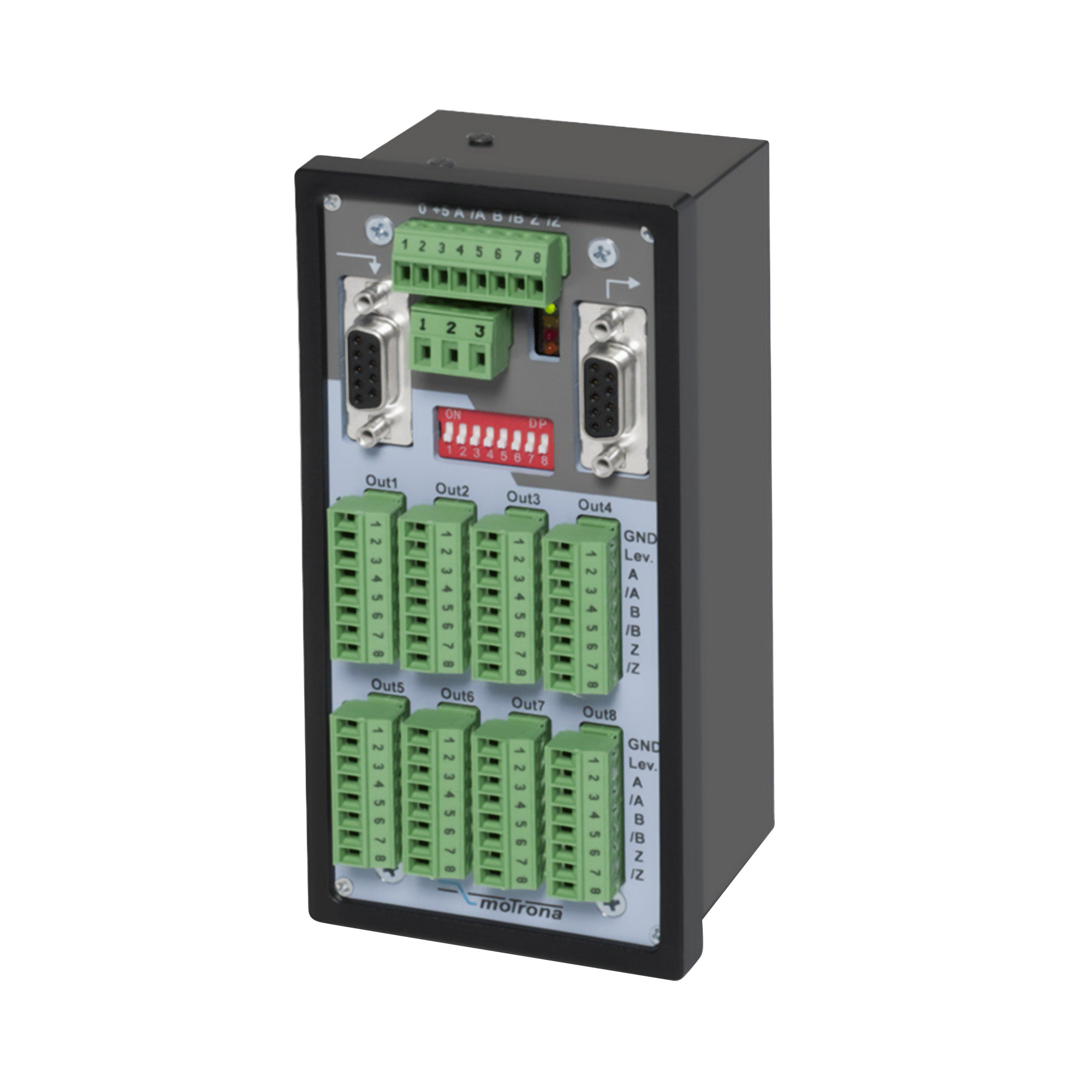 Electronic control module with green connectors on a white background