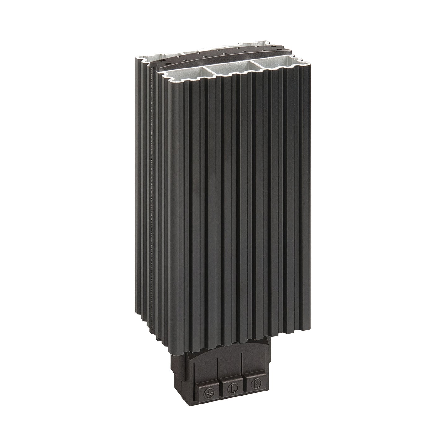 Black metal finned heater on a white background.