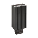 Black metal finned heater on a white background.