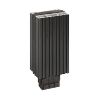 Black metal finned heater on a white background.