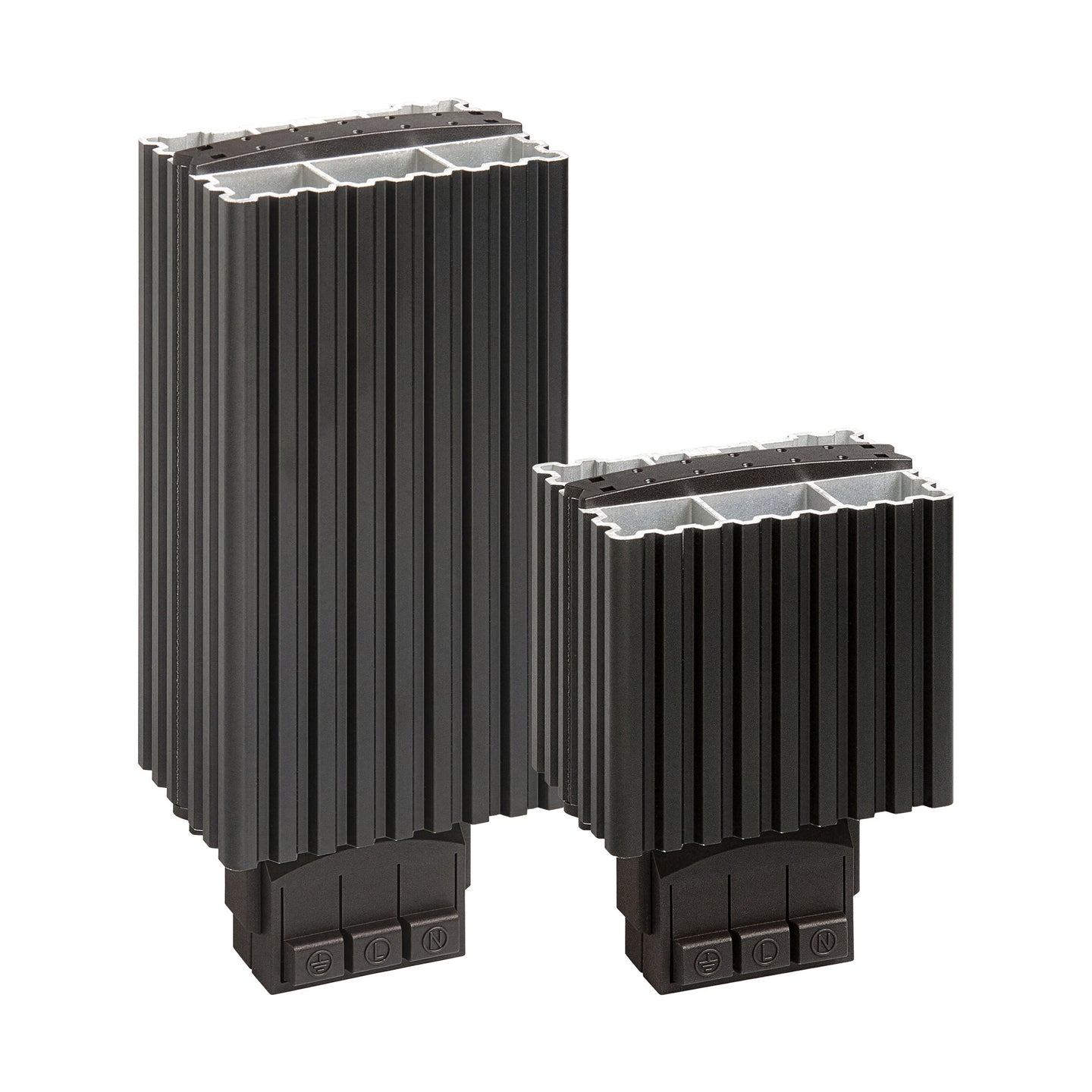Two black metal heat sinks on a white background