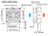 Technical drawing of a 100W/150W heater with dimensions and features labeled.