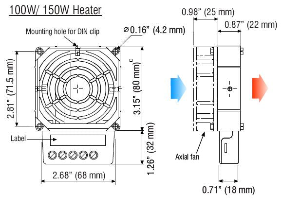 Technical drawing of a 100W/150W heater with dimensions and features labeled.