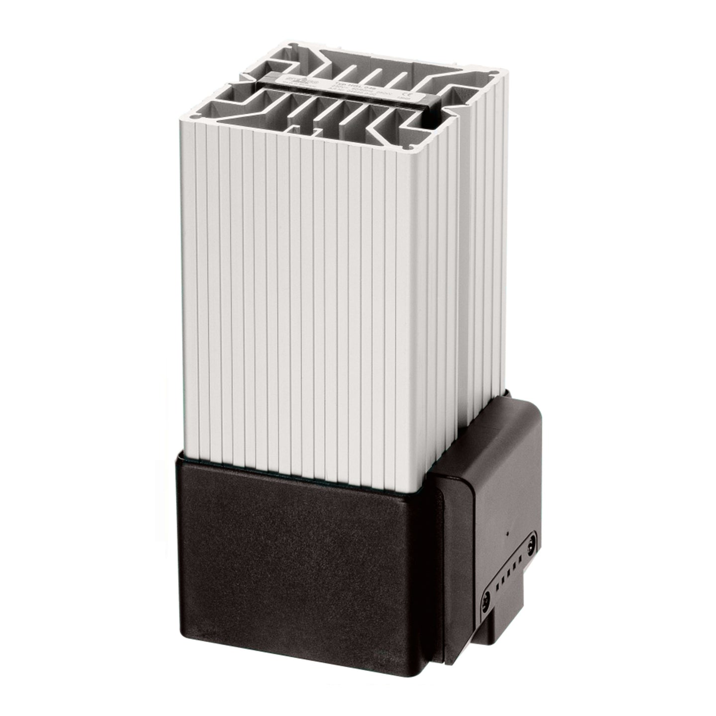 A silver and black fan heater with a DIN rail connector.