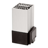 A silver and black fan heater with a DIN rail connector.