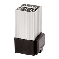 A silver and black fan heater with a DIN rail connector.