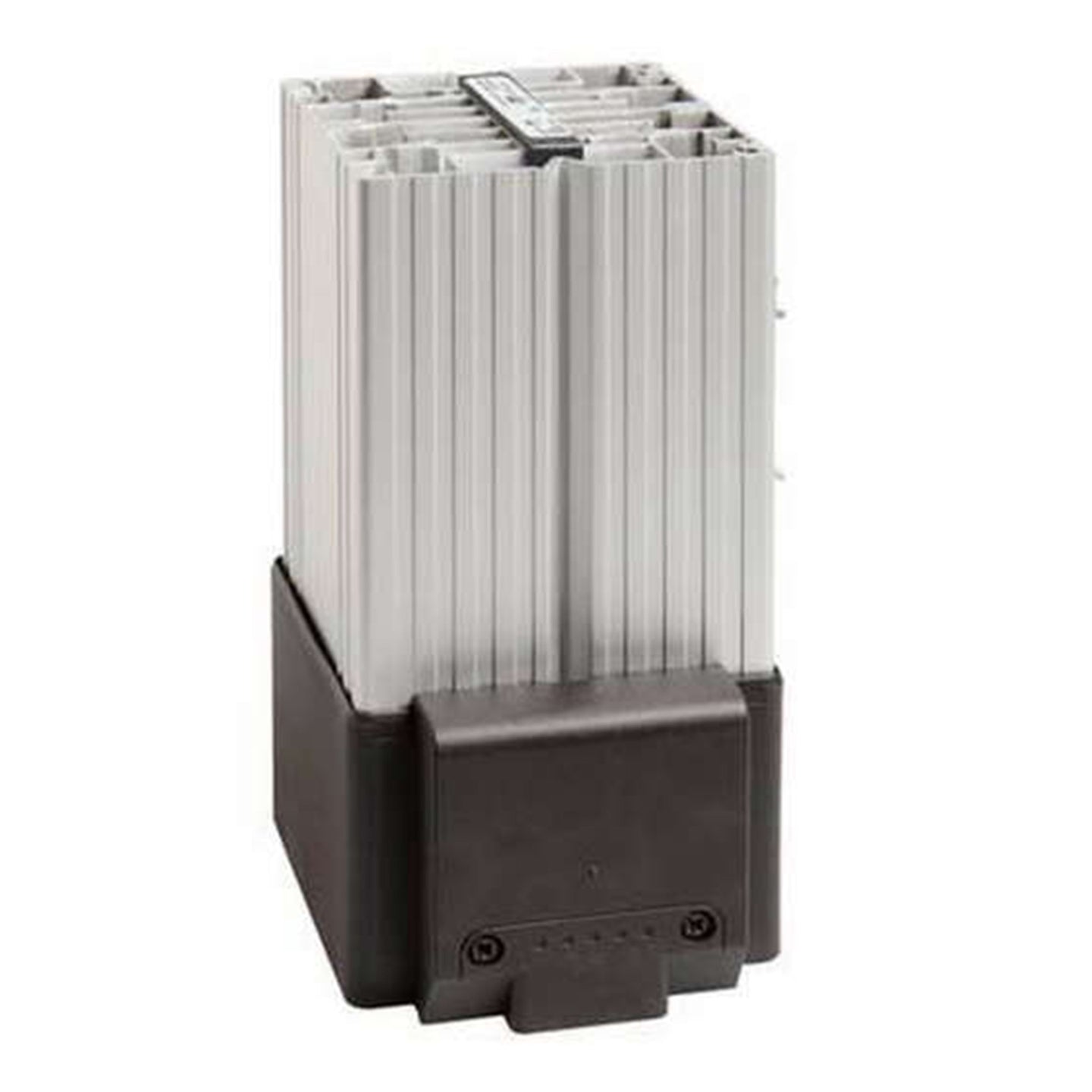 A silver and black fan heater with a DIN rail connector.