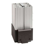 A silver and black fan heater with a DIN rail connector.