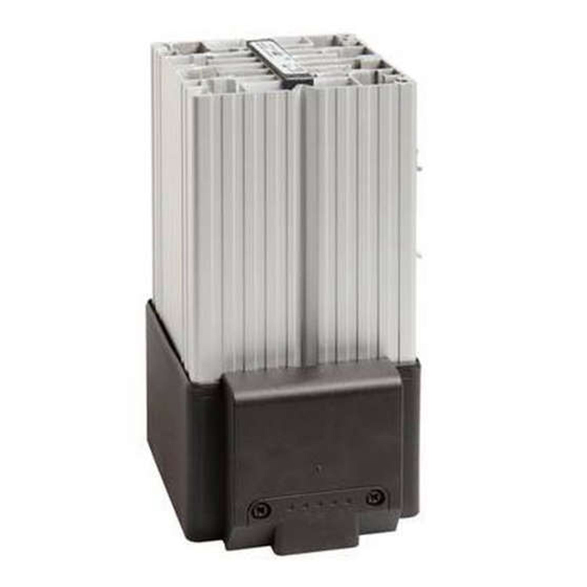 A silver and black fan heater with a DIN rail connector.