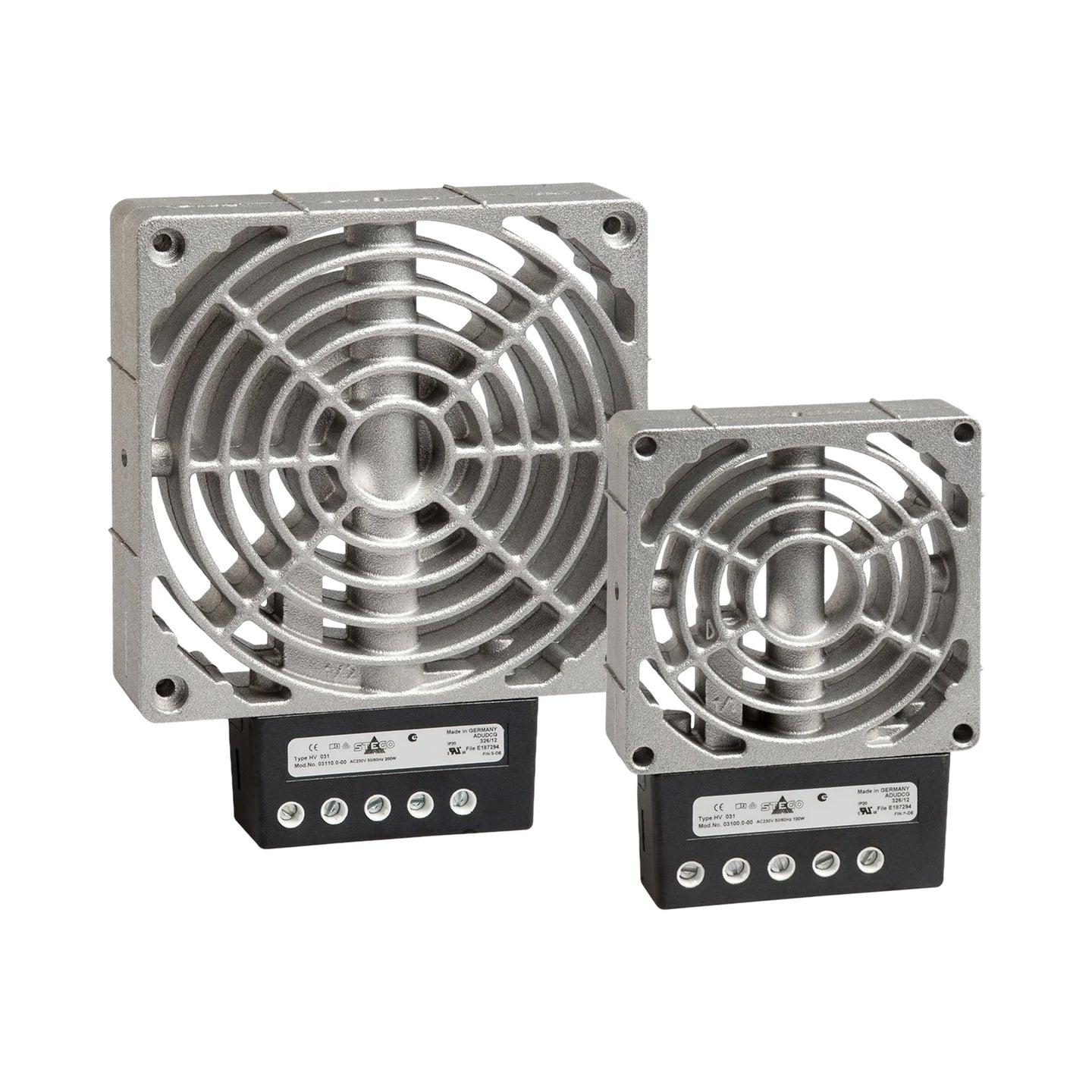 Two metallic square fans with visible branding on a white background.