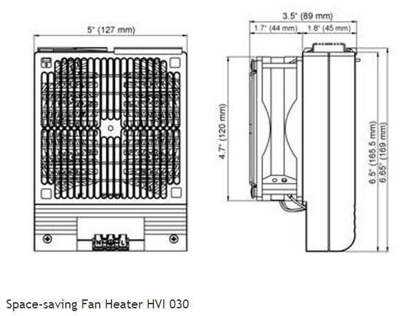 Black on white technical drawing of a space-saving fan heater HVI 030 with dimensions labeled.