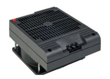 A black space saving enclosure PTC fan heater with a grid-like pattern on the top surface and mounting brackets at the base.