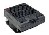 A black space saving enclosure PTC fan heater with a grid-like pattern on the top surface and mounting brackets at the base.