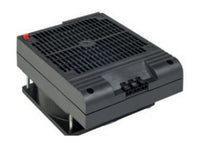 A black space saving enclosure PTC fan heater with a grid-like pattern on the top surface and mounting brackets at the base.