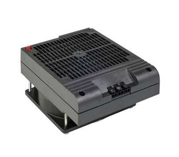 A black space saving enclosure PTC fan heater with a grid-like design on the front and a red switch on top.