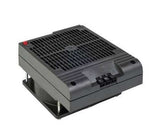 A black space saving enclosure PTC fan heater with a grid-like design on the front and a red switch on top.