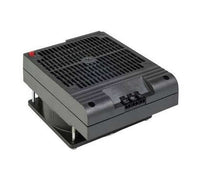 A black space saving enclosure PTC fan heater with a grid-like design on the front and a red switch on top.