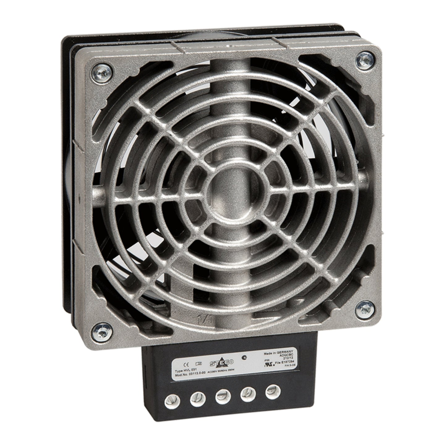 Metallic cooling fan on a white background.