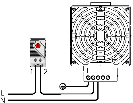 Diagram of a cooling system with a fan and temperature sensor on a white background.