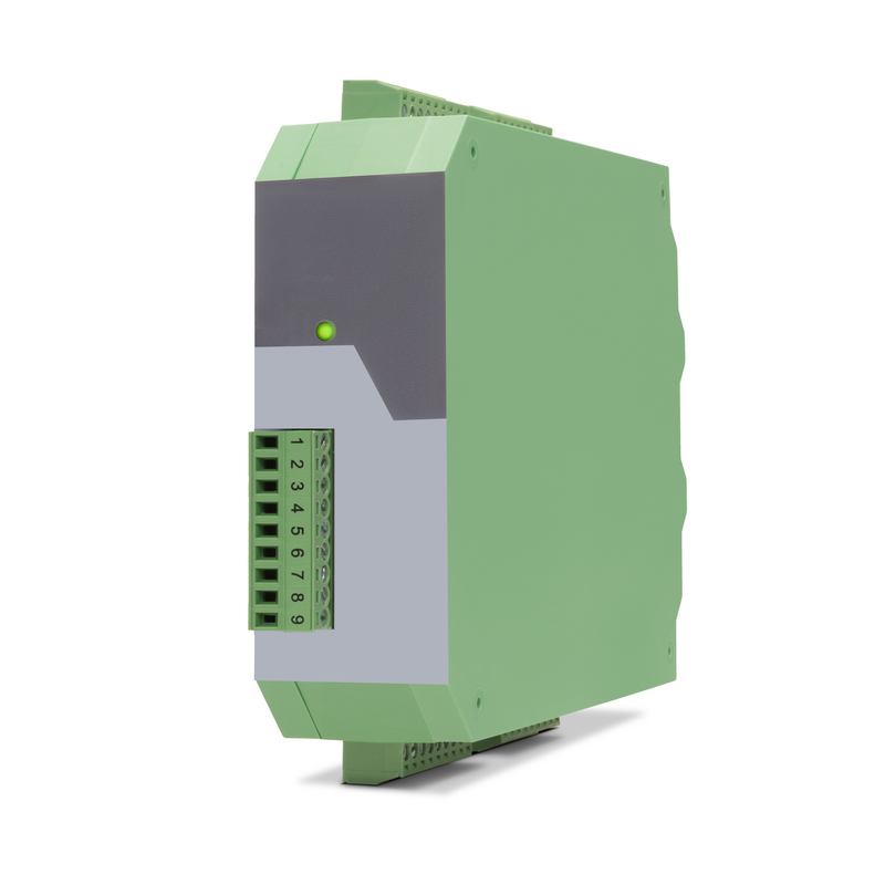 Green industrial module with a green LED on a white background