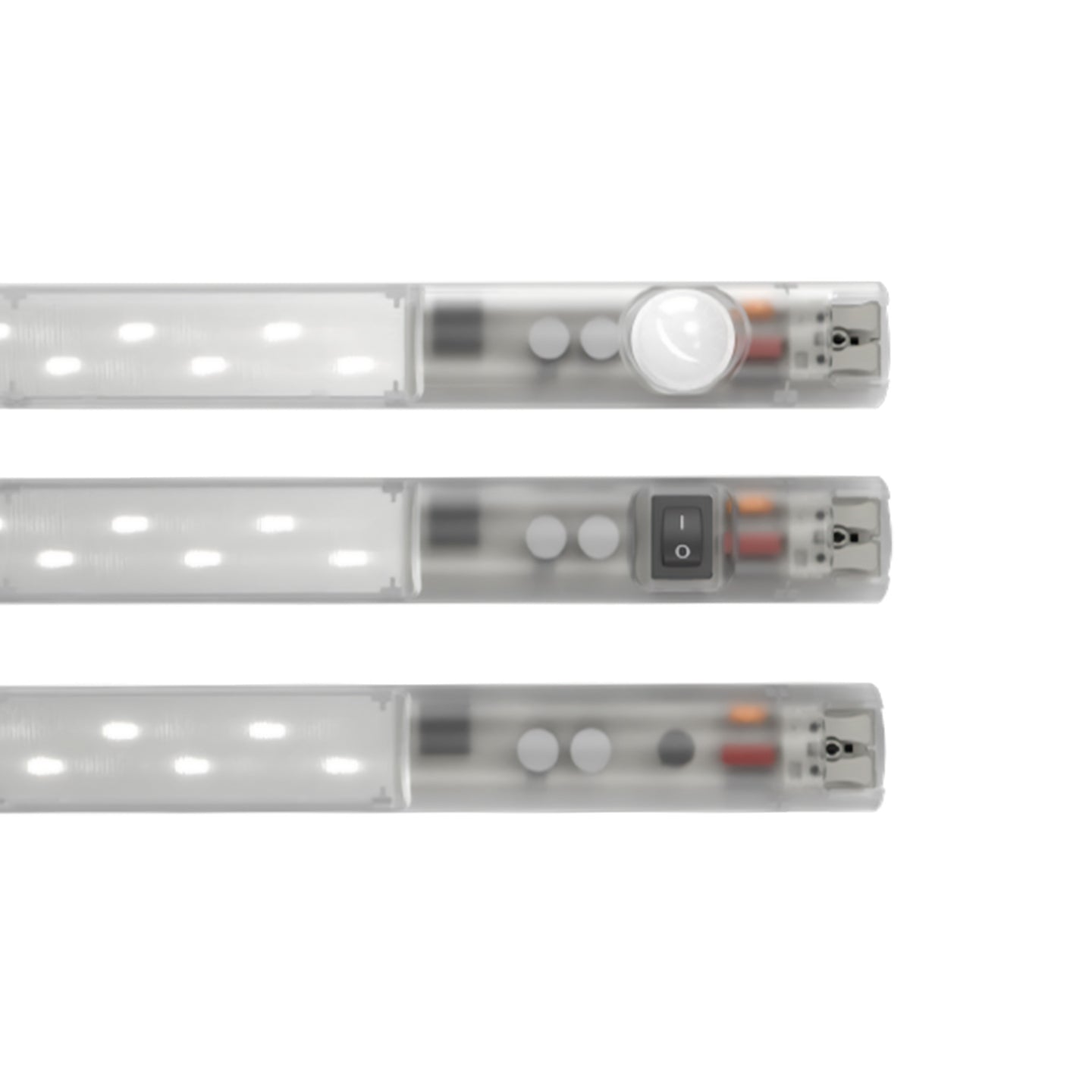 Three LED light strips with switches on a white background