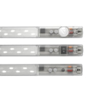 Three LED light strips with switches on a white background