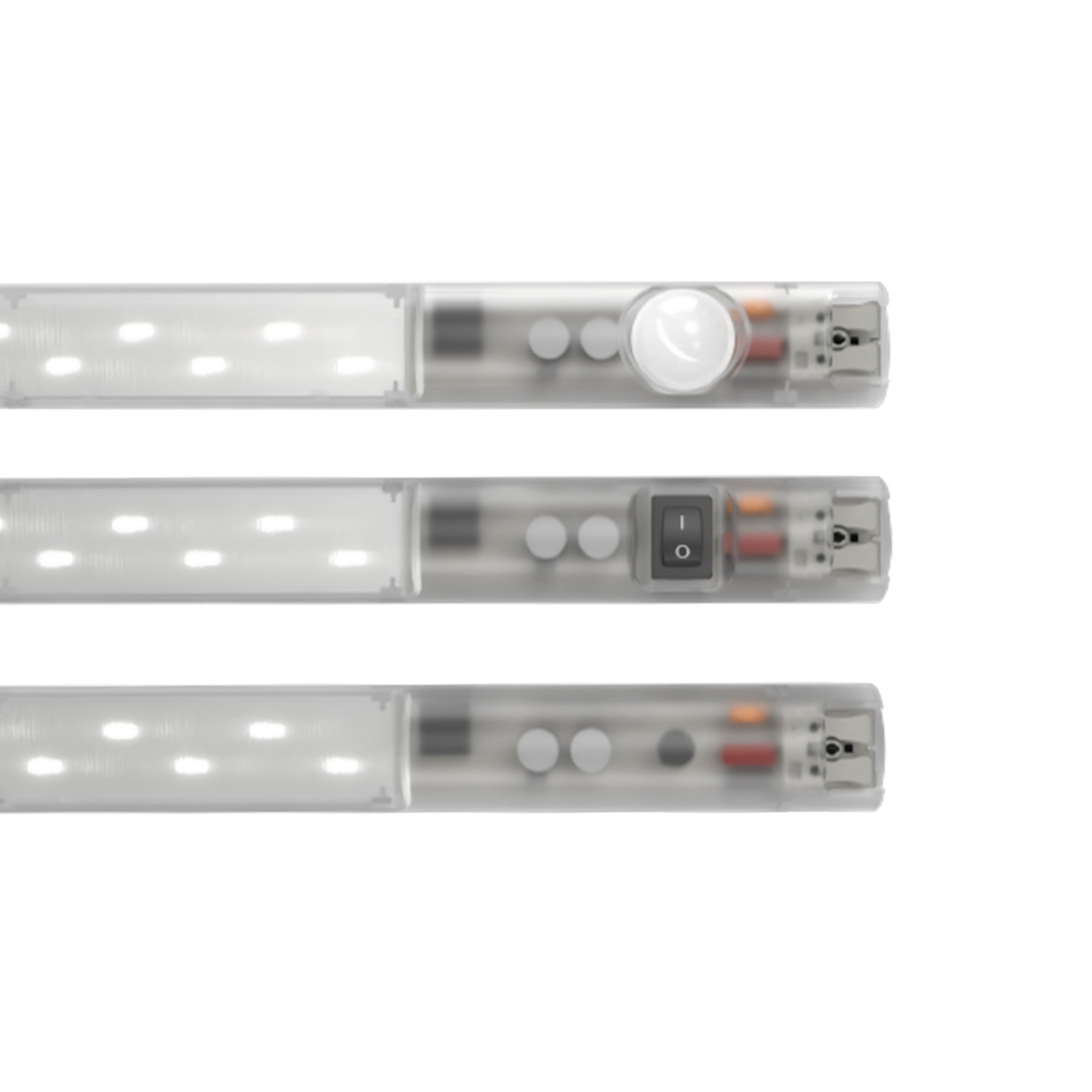 Three LED light strips with switches on a white background