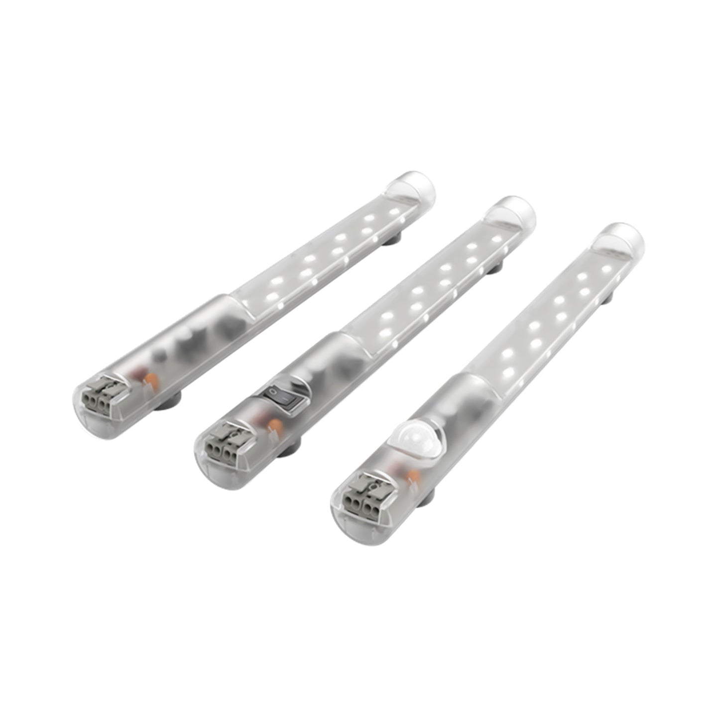 Three transparent LED light strips with connectors on a white background