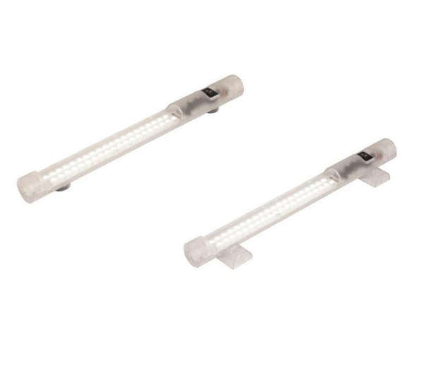 Two LED enclosure lights with clear casing and either magnetic or screw fixtures, one with an on/off switch, intended for use in electrical panels.