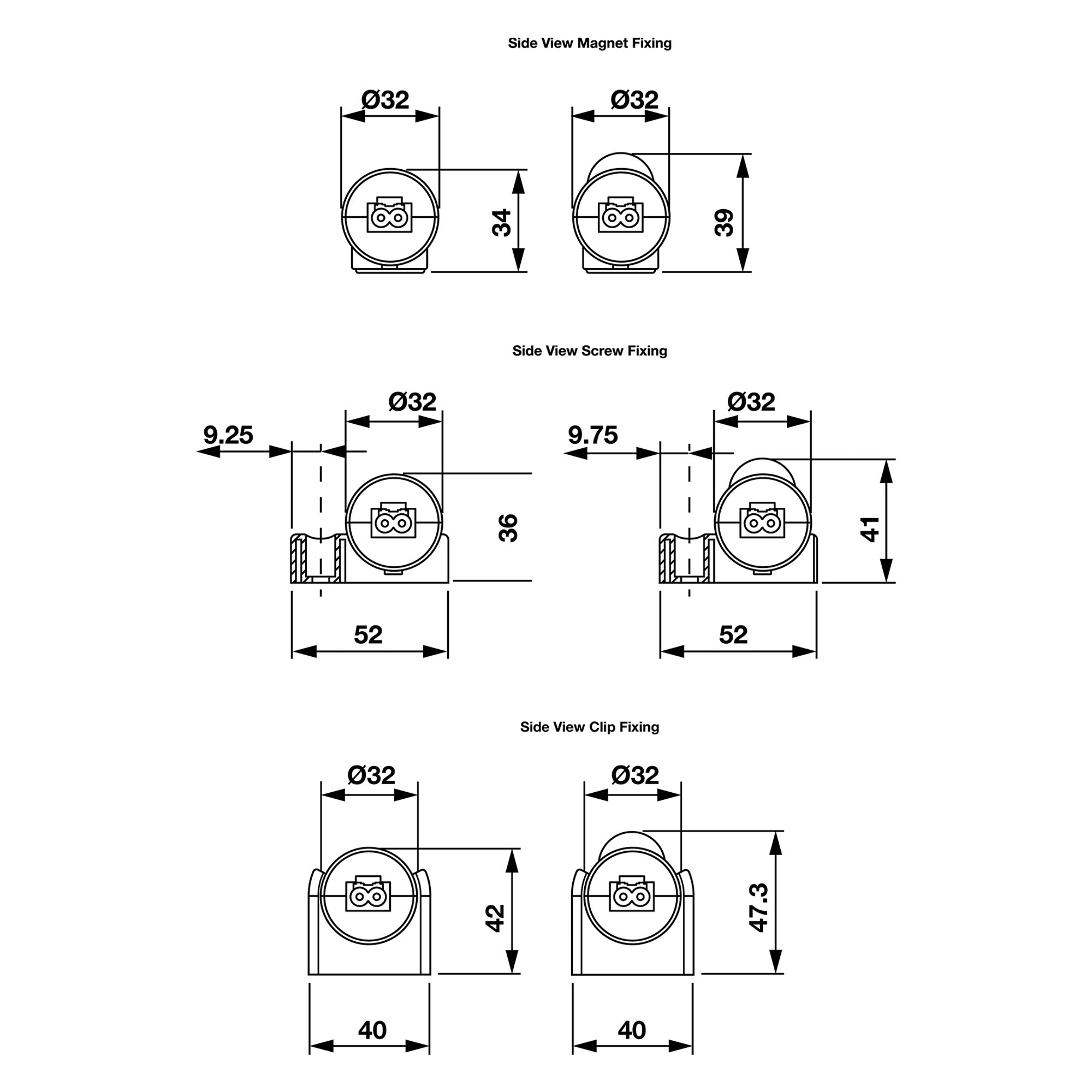 Technical drawings of different fixing methods for a cylindrical LED light with labeled dimensions.