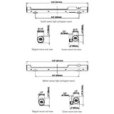 Black on white technical drawings of light fixtures with dimensions and views on a white background
