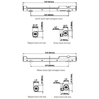 Black on white technical drawings of light fixtures with dimensions and views on a white background