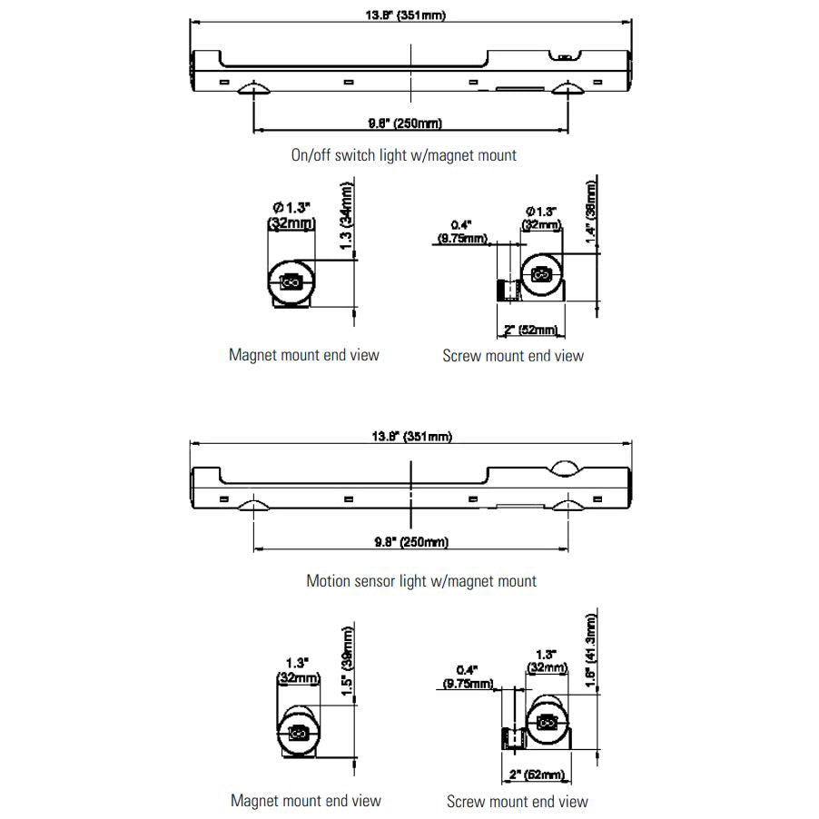 Black on white technical drawings of light fixtures with dimensions and views on a white background