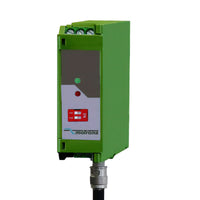 Green industrial device with a brand logo on a white background