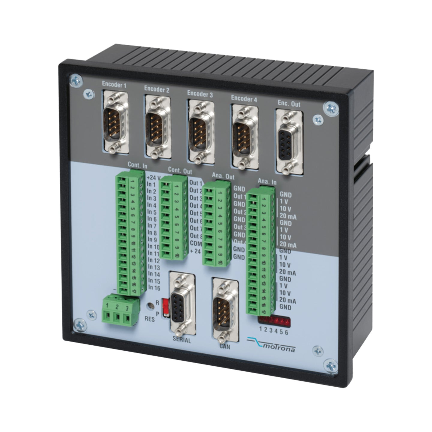 Control panel with multiple ports and connectors on a white background.