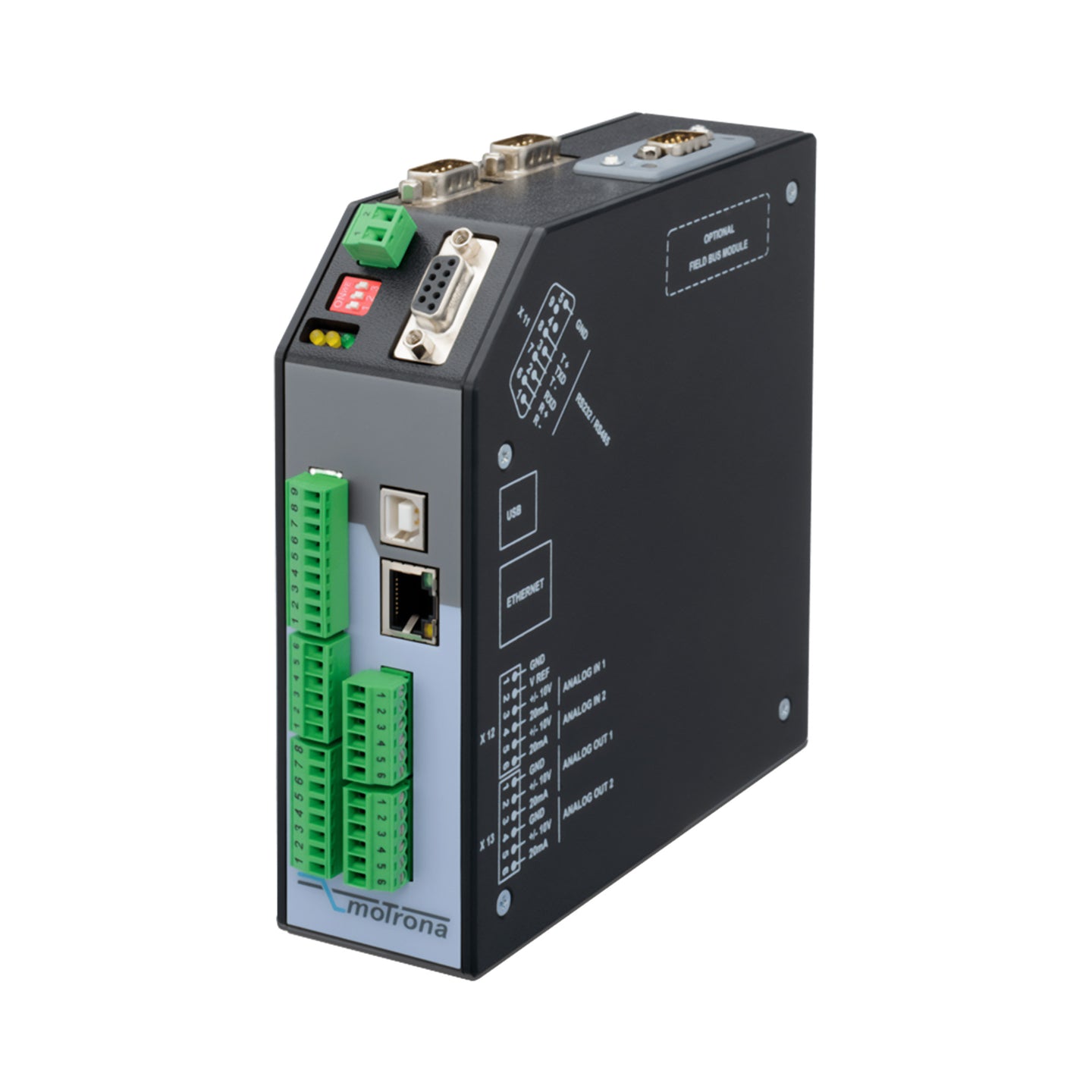 Industrial device with multiple ports and connectors on a white background