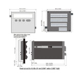 Black on white technical drawing of a rectangular electronic component with dimensions and features labeled.